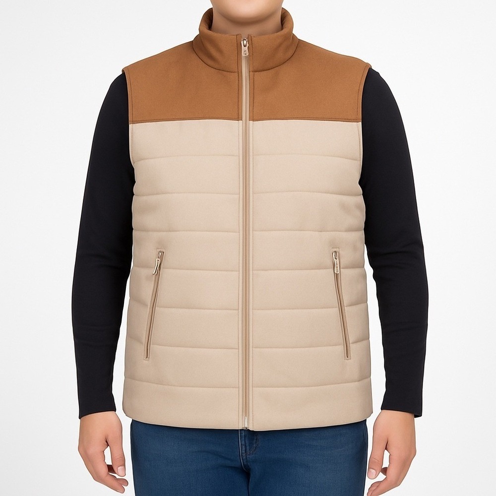 Magaschoni Man Vest Mens Large Beige Tan Colorblock Faux Leather Puffer‎ Quilted